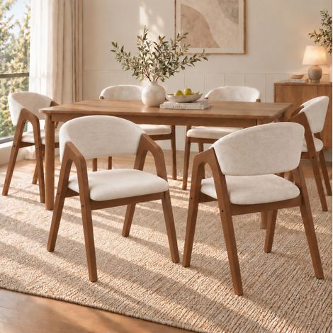Lot de 4 chaises de salle à manger avec accoudoirs, bois et lin, beige avoine et noyer HAVRYA (1/5)