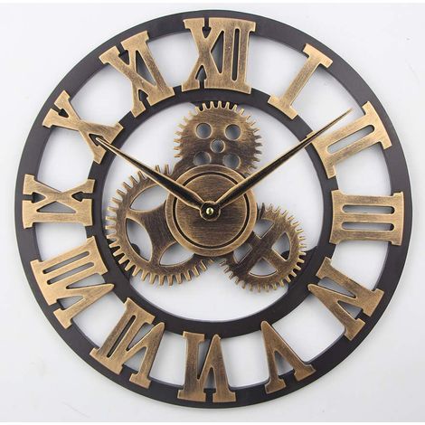 Große Retro-3D-Wanduhr, geräuschlos, kein Ticken, aus Holz, im Vintage-Stil, Quarzwerk, für die Dekoration von Wohn- und Wohnzimmer (goldene römische Ziffern, 40 cm)