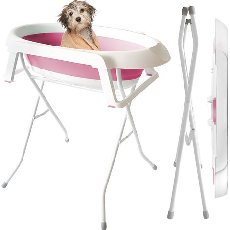 Zwei-in-Eins-Haustierbadewanne – mit abnehmbarem Klappgriff – klappbarer Ständer – Tragfähigkeit 15 kg – Ausgestattet mit Ablaufloch und langem Schlauch – 87×61×85 cm – Pink (1/5)