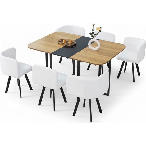 ELVMI Ensemble Table et Chaises avec Table Extensible et Chaises Sous Table, MDF Métal PU, Noir Bois Naturel Blanc (1/5)