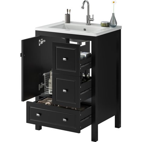 Meuble vasque de salle de bain noir avec lavabo céramique, 3 tiroirs et 1 porte, MDF laqué résistant à l'humidité, 62 x 47 x 90 cm, style rétro élégant - CHICFURN (1/5)