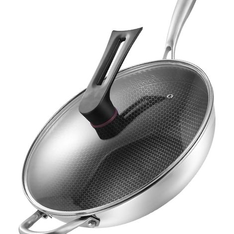 Poêle Wok en acier inoxydable double face en nid d'abeille 3 couches empêchant le collage nettoyage facile pour la cuisine 34 cm (avec couvercle et oreilles) (1/5)