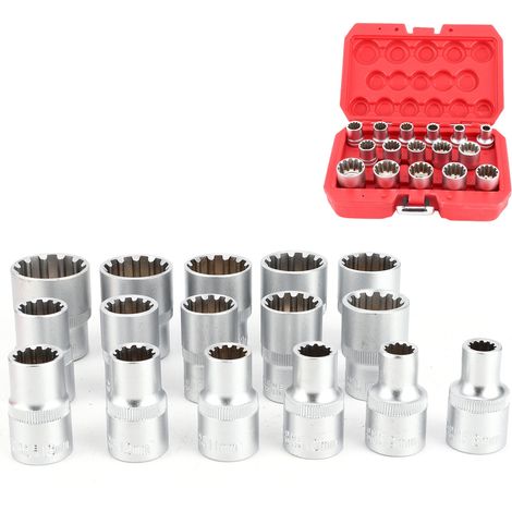 Jeu de 16 douilles 1/2 pouce SAE/Métrique, finition nickel miroir, 12 pans universels, embouts spline. (1/5)