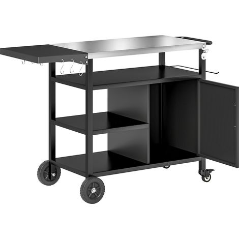 Gartengrillwagen mit Edelstahlwanne, klappbarem Ablagefach, Haken und Abdeckung, schwarz