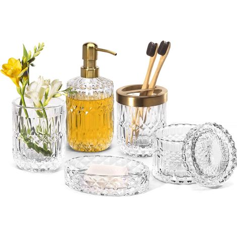 6 Accessoires De Salle De Bain, Verre Transparent, Distributeur 365ml, Porte-savon, Gobelet, Pot Coton-tige, Décoration Moderne