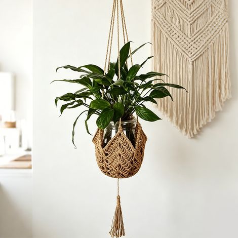 Lot de 2 Supports de Plantes en Corde de Jute avec Crochets pour Suspension - Support de Pot de Fleurs en Macramé pour Décoration (1/4)