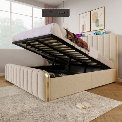Lit coffre - 180x200 - lin beige - coffre hydraulique - ports USB Type-C (1/5)