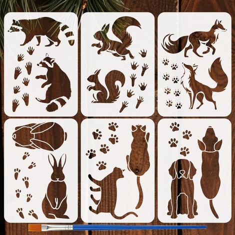 6 Styles Animaux et Empreintes Pochoirs Avec Un Pinceau 29.7x21cm Chat Chien Raton Laveur Peinture Pochoir Pet Lapin Renard Écureuil Motif Pochoirs Thèmes Animaliers pour Mur Bois (1/5)