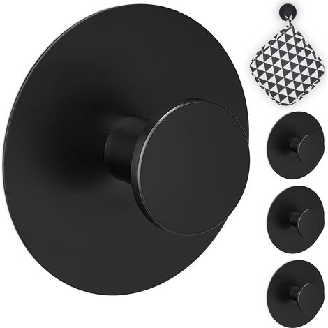 Relaxdays Patère de porte autocollante, set de 4, en acier inoxydable, Ø 5,5 cm, crochet mural sans perçage, noir (1/5)