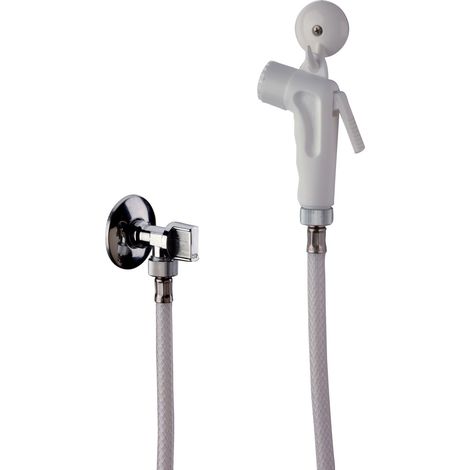 Set doccetta bidet eco con doccia a pulsante bianca, flessibile, rubinetto e gancio bianco (1/4)