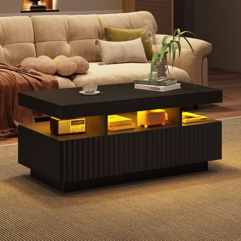 Mesa centro con dos cajones textura acanalada almacenamiento madera 100x50x45 cm negro (1/5)