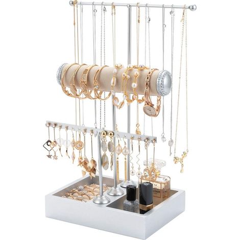 Présentoir à bijoux multifonction, rangement pour boucles d'oreilles, montres, bracelets et colliers, organiseur de bijoux, argent (1/5)