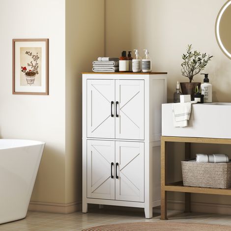 Meuble de salle de bain étroit avec portes de style grange, 4 étagères et supports d'étagères réglables, 60 x 30 x 110 cm, blanc (1/5)