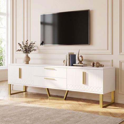 Meuble TV 170x40x53,5cm avec Tiroirs et Portes Sculptées Finition Brillante Style Moderne Blanc et Or (1/5)
