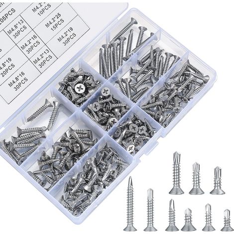205 Pcs Vis Autoforeuse Metal, M4,2 M4,8 à Tôle Autoperceuses à Tête Fraisée Cruciforme, à Tête Plate, Vis Autoforante en Acier Inox, Vis Autotaraudeuses, Vis Autoperceuse pour Métal Bois (1/5)