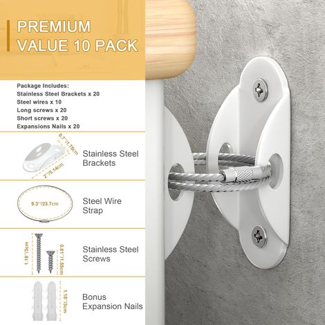 Anclajes de seguridad para muebles, juego de 10, correas antivuelco de 181 kg (400 lb) para niños y mascotas, metal blanco.