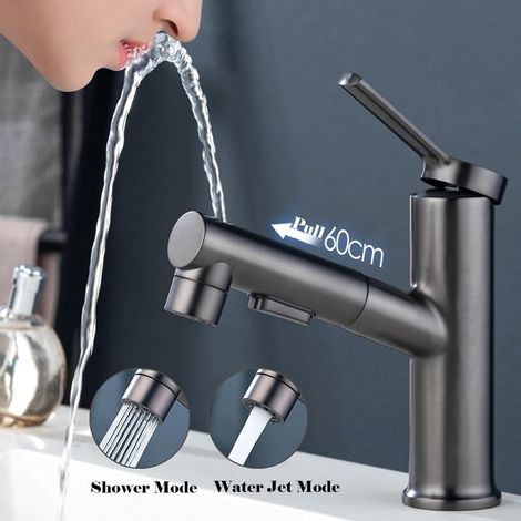 Robinet de salle de bain cascade avec douchette à main 3 fonctions, mitigeur monocommande, argent (1/5)