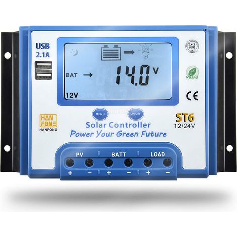 30A Solarladeregler 12V/24V Solarladeregler mit LCD-Display und Dual-USB-Anschluss für Solarpanel-Batterie - ST6-30A