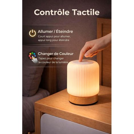 VIBEX Lampe de Chevet LED RGB Rechargeable USB-C – Veilleuse Enfant Sans Fil avec Télécommande et Lampe Tactile, 13 Couleurs, Timer – Lampe d’Ambiance Design Bois pour Chambre et Salon (1/5)