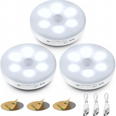 Veilleuse LED automatique sans fil, 3 modes (auto/marche/arrêt), lampe de penderie avec indicateur de charge USB, lumière blanche, lot de 3 (1/4)
