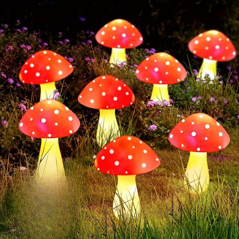 Lot de 8 lampes solaires rouges en forme de champignon pour décoration extérieure, étanches IP65, idéales pour éclairer les allées de jardin, les patios et les terrasses lors de fêtes dans le jardin.-