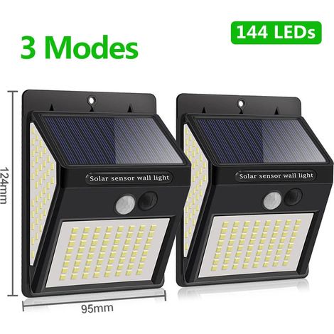 (2 lampes solaires LED de 144 LED) Applique murale solaire extérieure avec capteur, étanche, compatible avec la lumière du soleil, décoration de jardin (1/5)