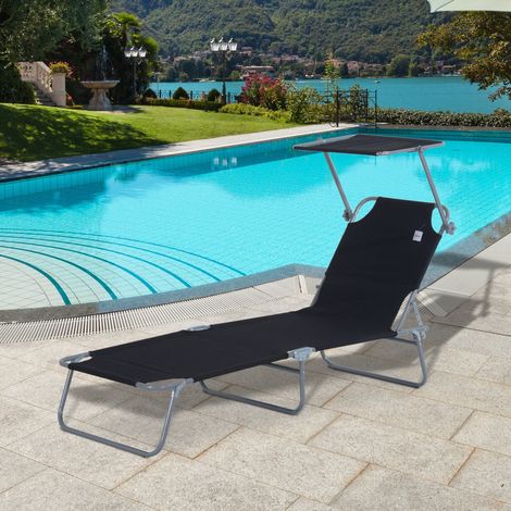 Chaise longue de jardin 187x58x36 cm noire en métal avec pare-soleil rabattable (1/5)