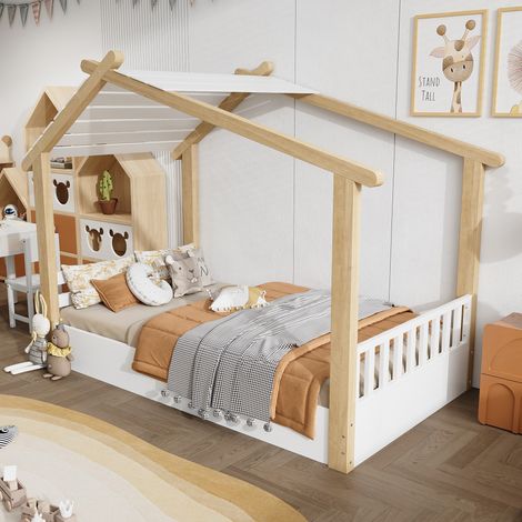 Lit cabane 90×190 cm, Lit Simple avec Sommier à Lattes, Design Maison en Bois, sans Matelas, Blanc et Naturel