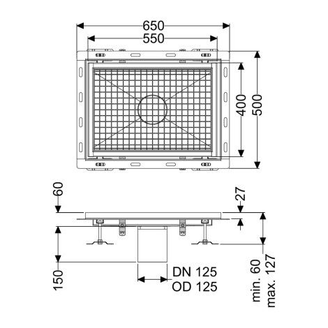 Caniveau Ferrofix avec angle de raccordement pour carrelage, 400 x 550 mm