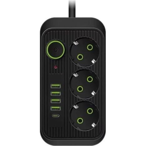 Multiprise 3 Prises, 4 Ports USB + 1 USB-C, Multiprise avec Interrupteur, Câble 2m, Parafoudre et Surtension, 2500W (Noir) (1/5)