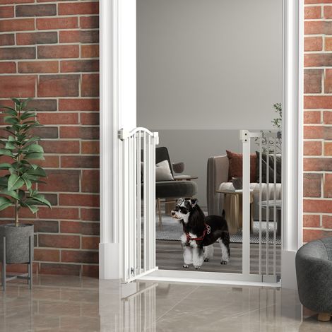 Metall-Sicherheitsgitter für Haustiere, 74–87 cm, verstellbar, mit automatischer Türschließung, weiß