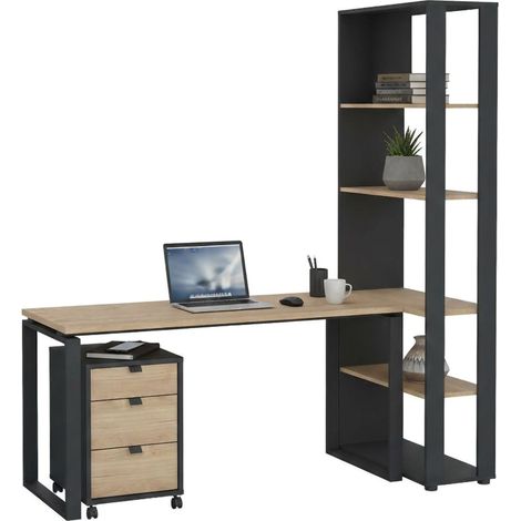 Dmora - Schreibtisch Severine, Mehrzweckschreibtisch, Bürotisch für PC, Eckschreibtisch, 184x80 h205 cm, Eiche und Grau