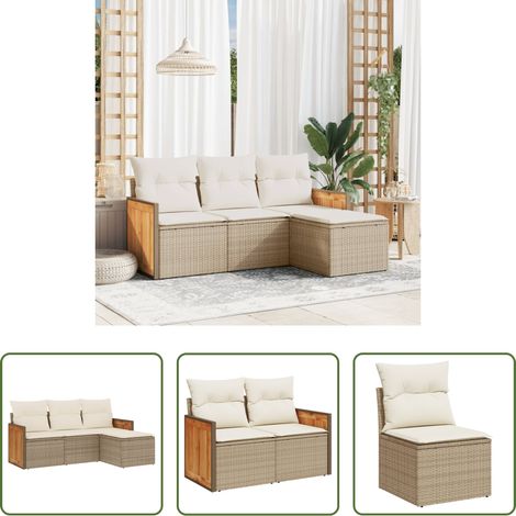 vidaXL Rattanmöbel - 4-tlg. Garten-Sofagarnitur mit Kissen Beige Poly Rattan (1/5)