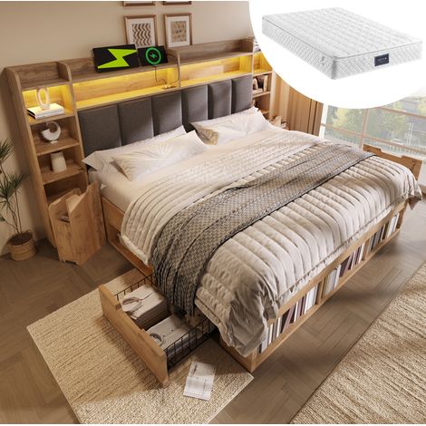 Letto matrimoniale 219x228x116 cm rovere legno/metallo LED con contenitori, senza materasso (1/5)