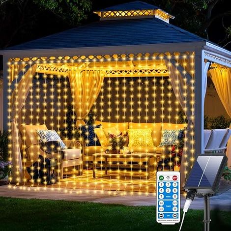 3x3m 300 LED Curtain Lights 8 Modes Solar String Lights Outdoor USB Powered IP65 Waterproof with Remote Control Timer and Memory Functions Warm White (1/5)