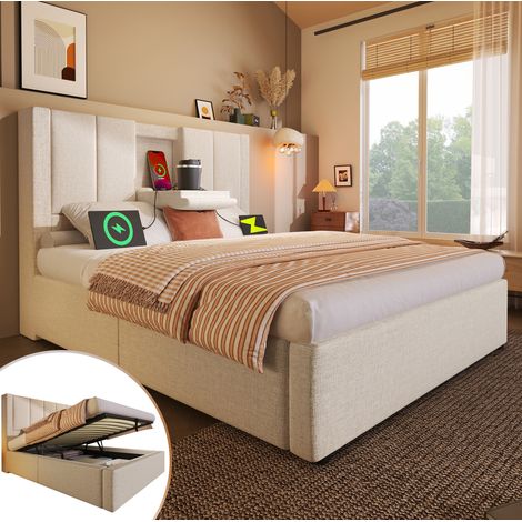 Lit coffre en lin beige 90x200 cm avec station de charge USB/USB-C et porte-gobelet dissimulé (1/5)