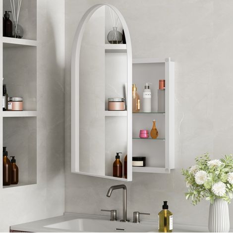 Bogen-Spiegelschrank 91 x 61 x 12 cm, weiß, Metall und gehärtetes Glas HAVRYA (1/5)