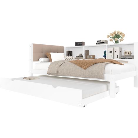 Lit de jour 90x200 cm avec lit gigogne, LED à intensité variable, étagères et port USB, en pin blanc, pour chambre d'enfant ou d'amis CHICFURN (1/5)