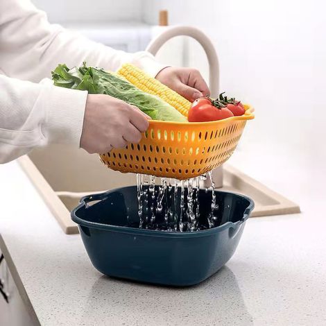 Panier d'égouttage double couche avec poignée latérale, en polypropylène épais, à drainage rapide, pour la cuisine, jaune et bleu. (1/4)