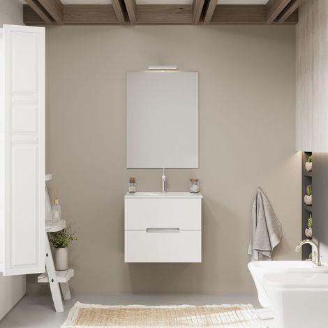 Meuble De Salle De Bain Tiroirs Blanc Mat, Côtés En Bois Chêne Gris Magnolia (1/5)