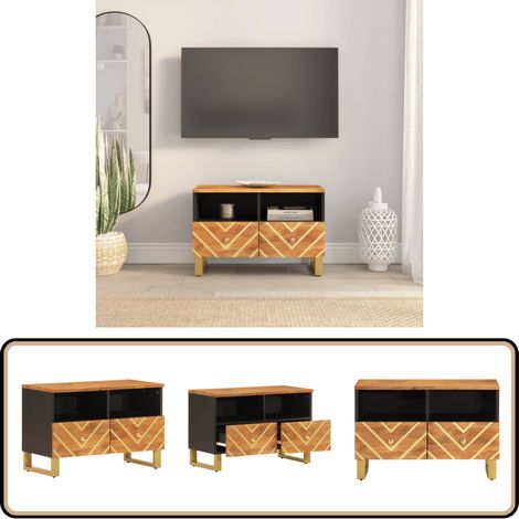 Meuble TV marron et noir 70x33,5x46 cm bois massif de manguier - Meuble Tv - Meuble Audiovisuel - Support Tv - Unité Tv - Mobilier Salle Séjour (1/5)