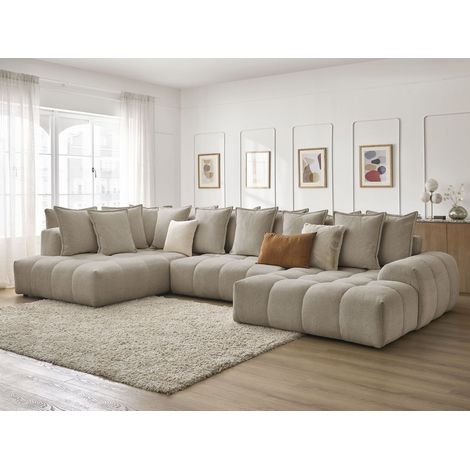 Bobochic – Canapé panoramique convertible coffre EVEREST 6 places – Tissu chiné taupe – Longueur 423cm – Largeur couchage 153cm – Design moderne (1/5)