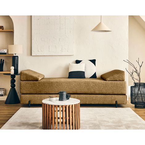 Bestmobilier – Banquette 3 places convertible en tissu velours relief – Couchage occasionnel – Largeur du couchage 168 cm – Style contemporain – Jaune (1/5)
