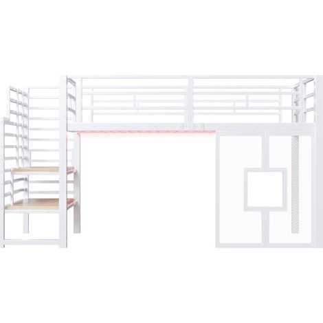 Cama alta de metal 90 x 200 cm blanca con escalera, almacenaje y ventanas (1/5)
