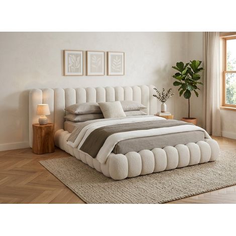 Lit coffre en tissu bouclette beige 180x200 cm GRETA