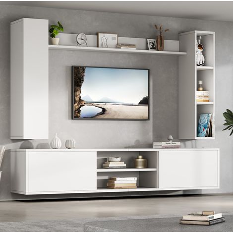 Set mobile TV 180x35x33.5 cm bianco in pannello truciolare con 2 pensili e mensola da parete