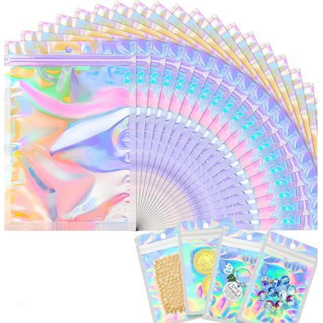 Lot de 50 sacs en mylar - Avec fermeture éclair plate - Sachets refermables - Sacs à fermeture éclair - Sacs holographiques en plastique refermables pour ranger Party Favor (1/5)