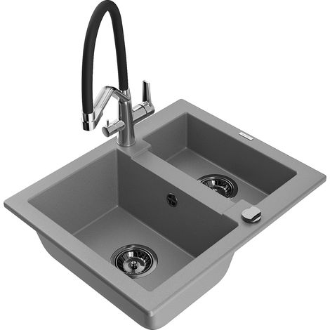Mexen Carlos lavello in granito 1,5 vasche con miscelatore Duo, grigio - 6518-71-671701-07-B (1/5)