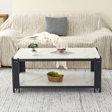 Table basse - BRILLSTEN - 46 × 1140 × 64 cm - pieds en métal - forme rectangulaire - plateau imitation marbre - pour le salon - noir (1/5)