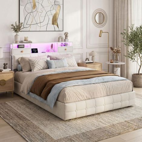 Estructura de cama 140x200 - Cama para adultos de 2 plazas - Terciopelo beige - Cofre hidráulico - Cabecera con LED y USB (1/5)